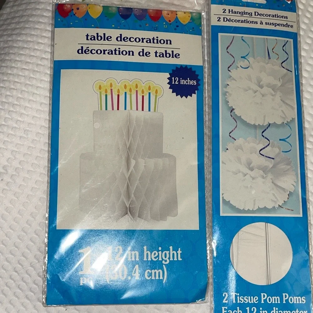 White 12 Inch Honeycomb Birthday Cake Table Topper Party & Pom Poms NEW